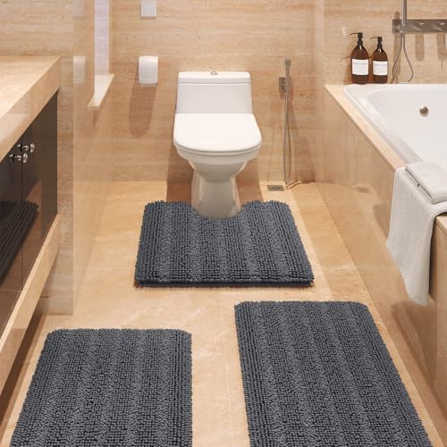ACCUMTEK Striped Grey Bathroom Rug Set 3 Pieces Gray Ultra Soft, Non Slip Chenille Toilet Mat, Absorbent Plush Shaggy Bath Mats for Bathroom, Bedroom, Kitchen, Charcoal