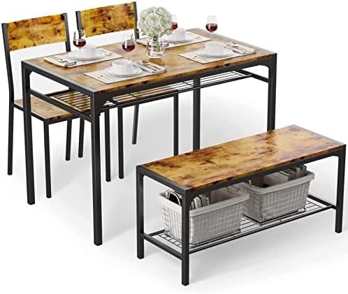 Gizoon Kitchen Table and 2 Chairs for 4 with Bench, 4 Piece Dining Table Set for Small Space, Apartment (Rustic Brown)