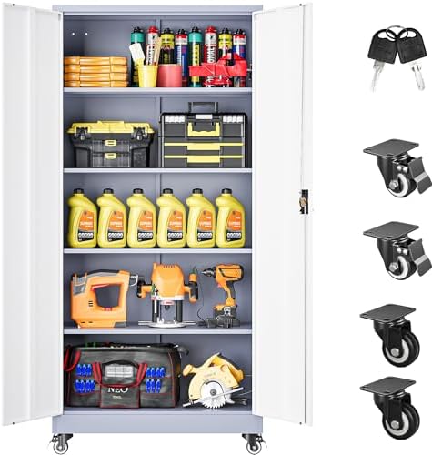 75" Tall Metal Storage Cabinet with Wheels,Rolling Garage Storage Cabinet with Lock,Gray White Metal Cabinets with Wheels and Shelves,Locking Tool Cabinets on Wheel for Garage,Home,Office,Shop