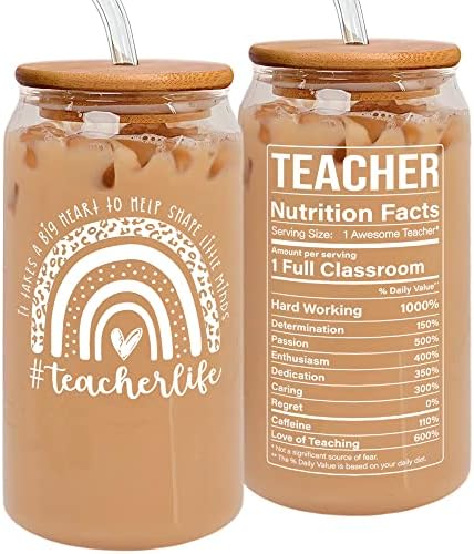 Teacher Appreciation Gifts for Women - Birthday, Valentines, Back To School, Thank You Gifts for Teachers Women - Preschool Daycare Teaching Glass Cup with Lid, Straw & Brush - 16 Oz Can Glass