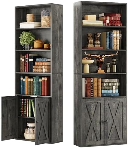 IRONCK Industrial Bookshelves and Bookcases with Doors Set of 2 Floor Standing 6 Shelf Display Storage Shelves 70 in Tall Bookcase for Home Office, Living Room
