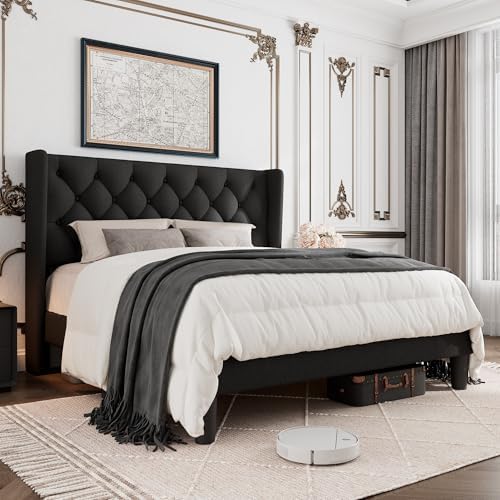 Full Size Bed Frame with Button Tufted Headboard, Upholstered Platform Bed Frame with UnderBed Storage, Wooden Slats Supports, Noise Free, No Box Spring Needed, Easy Assembly, Black