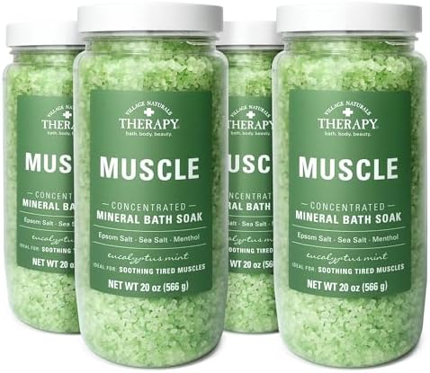 Village Naturals Therapy, Muscle Concentrated Mineral Bath Soak, Eucalyptus Mint Scent, 20 oz, Pack of 4