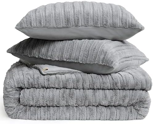 UGG King Comforter Set with 2 Pillow Shams Plush Faux Fur Bedding Soft Warm Down Alternative Comforter Washable Hypoallergenic Fluffy Blanket Set for Bedroom, California/King Size, Grey (Kenzie)