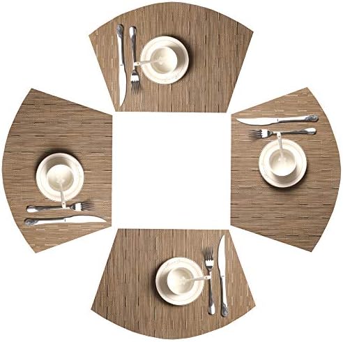 SHACOS Round Table Placemats Set of 4 Wedge Shape Woven Vinyl Place Mats Heat Resistant Wipe Clean Round Table Mats Home Table Decor (4, Tan)