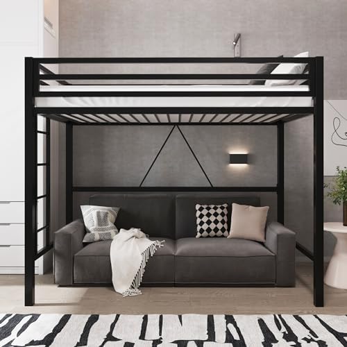 Allewie Metal Loft Bed Twin Size with Guardrail and Ladder, Small Space Saving Design for Bedroom Kid Room and Dorm, No Box Spring Needed, Black