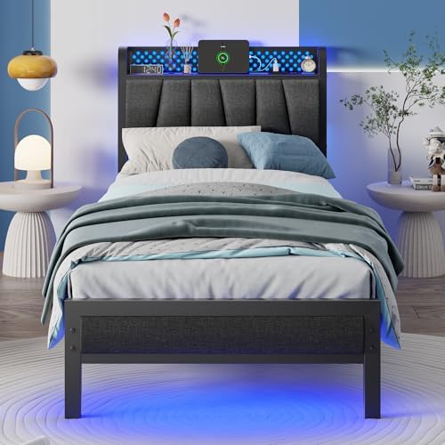 Furnulem Twin Size Bed Frame with LED Light and Charging Station, Grey Upholstered Storage Headboard with Shelf, Metal Platform Bed with Heavy Duty Slats, No Box Spring Needed, Noise Free