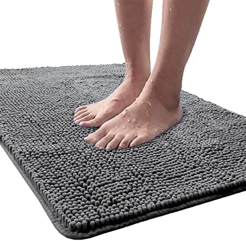 LOCHAS Luxury Bathroom Rug Shaggy Bath Mat 24 x 36 Inch, Washable Non Slip Bath Rugs for Bathroom Shower, Soft Plush Chenille Absorbent Carpets Mats, Gray