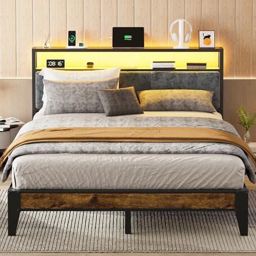OLEVS Queen Bed Frame Metal Platform Bed Queen Size with 2-Tier Storage & LED Light Headboard, Charging Station Type C, No Box Spring Needed