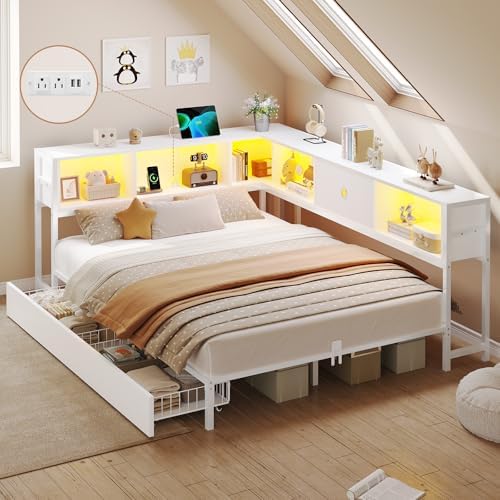 DICTAC Corner Full Bed Frame with Bookcase Storage and Led Lights Metal Platform Bed Frame with Drawers and Charging Station Full Size Daybed with Storage for Living Room,Bedroom,Guest Room,White