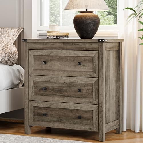Dresser for Bedroom with 3 Drawers, Small Chests of Drawers, 27.55" Wide Farmhouse Wood Nightstand Bedside Cabinet End Table, Modern Closet Storage Organizer for Living Room, Entryway, Hallway, Grey