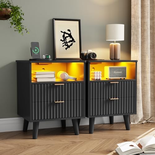 AOGLLATI Fluted Nightstand Set of 2 with Charging Station, Black LED Nightstand with 2 Drawers and Open Storage Cubby, Modern Bedside Table with LED Lights & Metal Handle for Bedroom