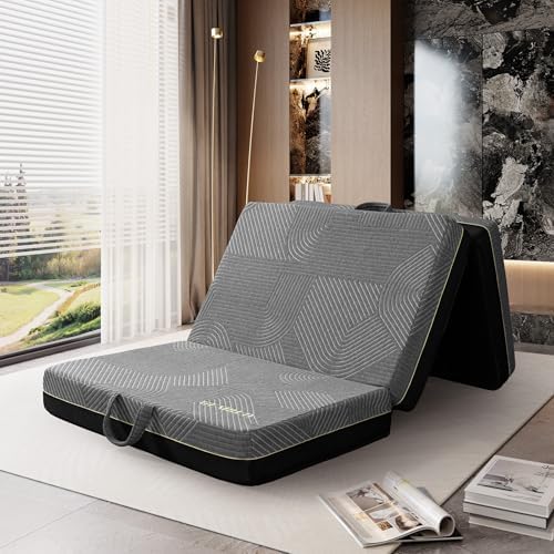 Tri Folding Memory Foam Mattress Full Size - Handle & Non-Slip Bottom, Portable Foldable Sofa Bed Floor Chair for Travel RV Camping Guest Yoga - 6 Inch, 73"x52"x6"