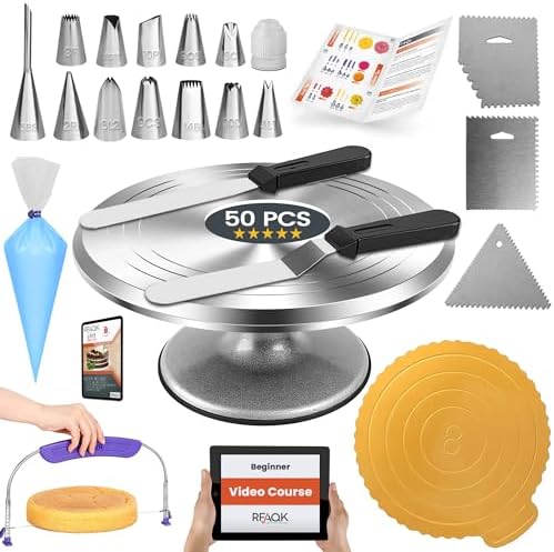 RFAQK 50PCs Cake Decorating Supplies Kit with 12" Aluminum Rotating Cake Turntable Stand, Professional Leveler, Straight & Offset Spatulas, 12 Numbered Icing Tips & Bags