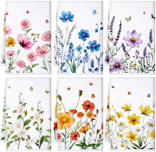 Geyoga 6 Pieces Wildflower Kitchen Towels Set Absorbent Dish Towels Decorative Tea Washcloth for Spring Summer Kitchen Bathroom Home Decor, 16 x 24 Inch