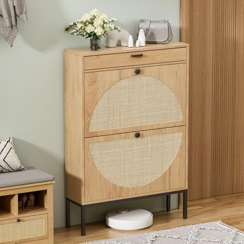 Yechen Shoe Rack Storage Organizer with 2 Natural Semi-Circular Rattan Doors, Large Entryway Wooden Shoe Cabinet for Sneakers, Leather Shoes, Slippers (1 Piece, Light Beige)