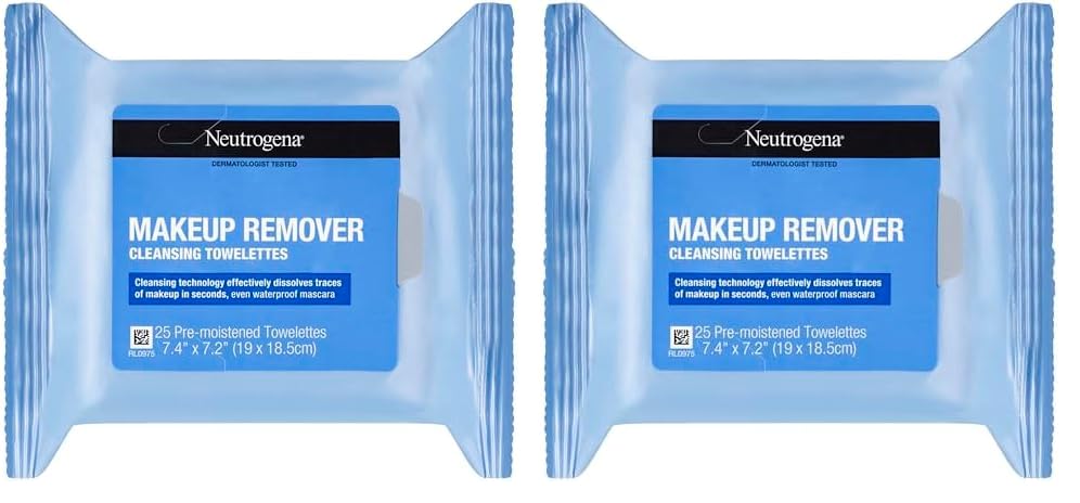 Neutrogena Makeup Remover Facial Cleansing Towelettes, Daily Face Wipes to Remove Dirt, Oil, Makeup & Waterproof Mascara, Gentle, Alcohol-Free, 25 ct (Pack of 2)