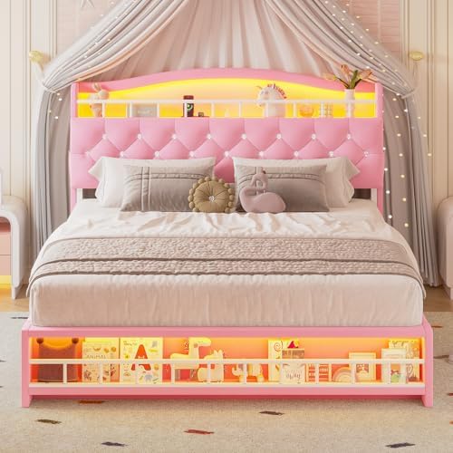 Full Bed Frame with LED Lights, Princess Velvet Upholstered Platform Bed for Girls, Headboard with Charging Station & Guardrail & Crystal Button, No Box Spring Needed, Pink