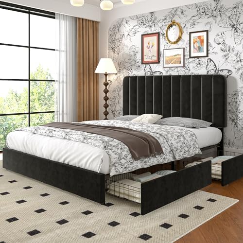 VECELO Full Size Upholstered Bed Frame with 4 Drawers and Headboard, Velvet Platform Storage Bedframe, Wooden Slats Support, No Box Spring Needed,Black