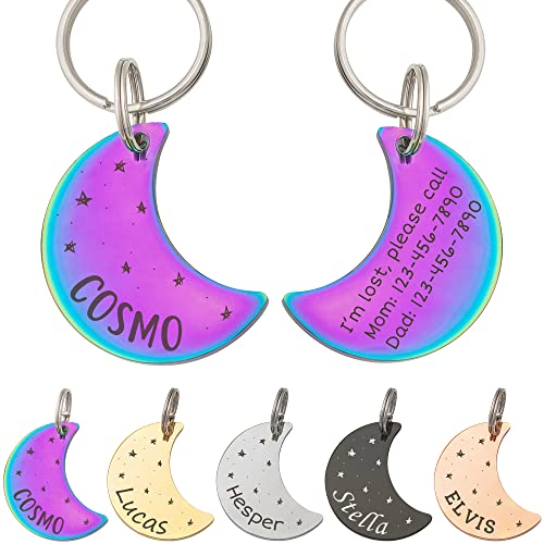 Anavia Starry Sky Theme Pet ID Tags in Half Moon & Star Shape, Personalized Dog Name Tag Cat Tag, Glossy Stainless Steel Gold Plated Black Rainbow Dog Collar Tag (Large, Moon Shape, Rainbow)