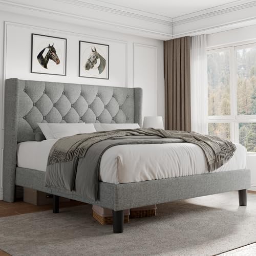 iPormis Queen Size Platform Bed Frame with Button Tufted Headboard, Upholstered Bed Frame with Solid Wooden Slats, 8" Underbed Space, No Box Spring Needed, Noise Free, Easy Assembly, Light Gray