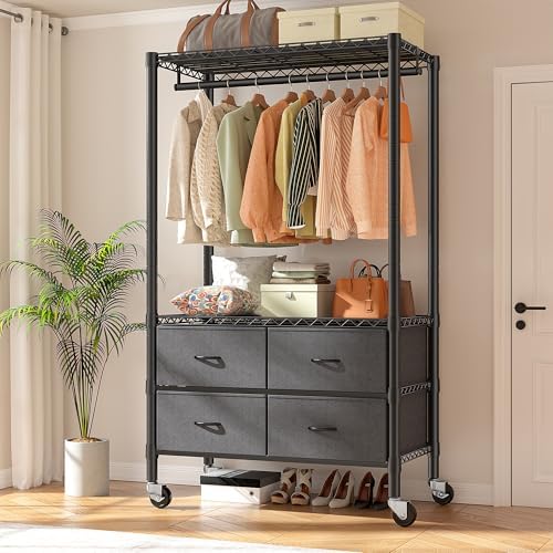 Raybee Clothes Rack Heavy Duty Clothing Rack with Rolling Wheels & 4 Drawers, Clothing Racks for Hanging Clothes with Drawers, Black