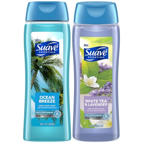 Suave Body Wash Variety 2-Pack, Ocean Breeze + White Tea & Lavender – Gentle Body Washes with Fresh Blend Oil Essence, 18 Oz Ea