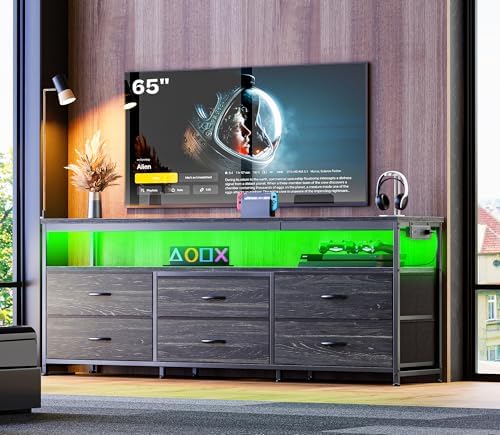 Huuger 63 Inch TV Stand for 55, 65, 70 Inch TV, Long Dresser TV Stand for Bedroom, Charcoal Black LED TV Stand with Power Outlets, Fabric Dresser with Storage, Entertainment Center for Living Room