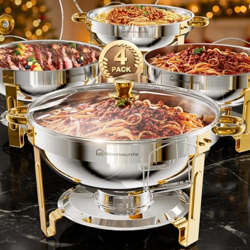 WARMOUNTS Gold Chafing Dishes for Buffet with Glass Lid (5QT, 4Pack), Round Chafers and Buffet Warmers Set with Mirror-Polished Stainless Steel, Rolled Rim, Stackable, Lid Holder for Parties, Weddings