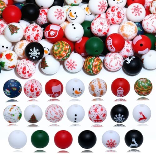 80pcs Christmas Silicone Beads for Keychain Making 15mm Bulk Kit,Christmas Focal Beads for Pens Bracelet DIY Jewelry Making Accessories