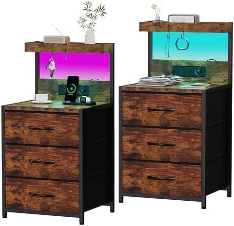 Nightstands Set of 2, End Table with LED Light and Charging Station Type C, 3 Drawers Storage Dresser Night Stand with Hooks, Tall Bed Side Table for Bedroom Dorm, Rustic Brown