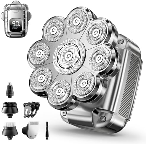 9D Head Shavers for Bald Men, 5 in 1 Detachable Head Shaver with LED Display, IPX7 Waterproof Wet Dry Rechargeable Electric Shavers for Men Grooming Kit for Home & Travel