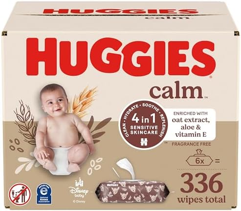 Huggies Calm Baby Wipes, Unscented, Hypoallergenic, 6 Push Button Packs (336 Wipes Total)