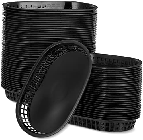 100 Pcs Fast Food Baskets 10.5 x 7 Inch Restaurant Tray Black Plastic Serving Baskets for Deli Serving, Chicken, Burgers, Picnics, Parties
