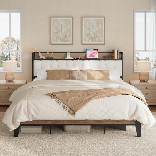 LIKIMIO King Bed Frames, Storage Headboard with Charging Station, Solid and Stable, Noise Free, No Box Spring Needed, Easy Assembly, Wood and Cream
