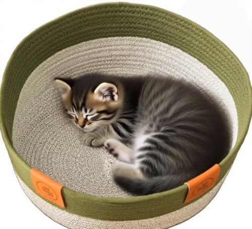 cutypet cat Basket Bed - Hand Woven Cotton Rope cat Toy Storage Basket with Toy Tail, Breathable and Durable pet Bed for Kittens (Green, M)