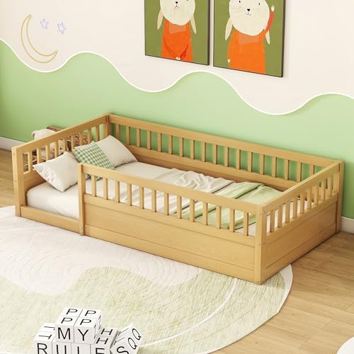 Kids Montessori Floor Bed,Twin Size Floor Bed with High Fence and Door,Twin Bed Frame with Guardrails for Kids,Girls,Boys,Twin,Natural