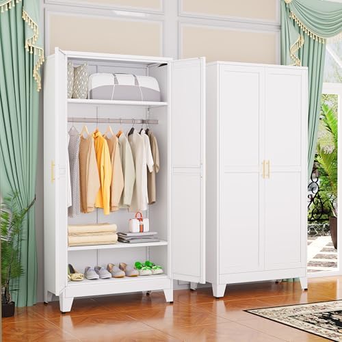 Metal Wardrobe Cabinet with Hanging Rod, 71" Metal Clothing Storage Cabinets with 2 Doors and Adjustable Shelves, White Armoire Wardrobe Closet for Bedroom, Laundry Room, Cloak Room
