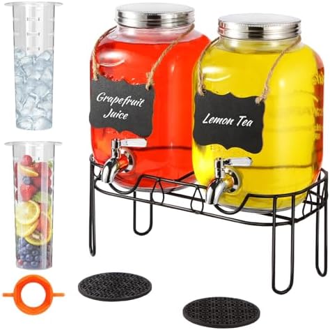 1 Gallon Drink Dispensers for Parties, 2 Pack Glass Drink Dispenser with Stand, 304 Stainless Steel Spigot 100% leak-proof, Iced Beverage Dispenser with Ice Core, Water Sangria Juice Sun Tea Lemonade