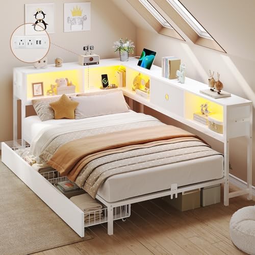 DICTAC Corner Bed Frame with Bookcase Storage and Led Lights Twin Size Platform Bed Frame with Storage Drawers and Charging Station Metal Twin Daybed with storage for Kids and Teen,Easy Assemble,White