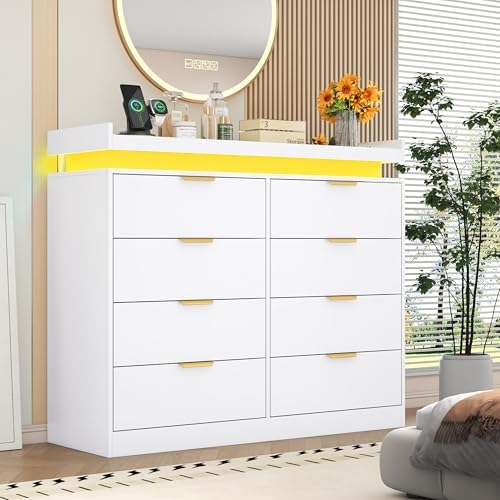 8 Drawer Dressers for Bedroom, White Dresser with LED Lights and Power Outlet, Wood LED Dresser, Double Wide Modern Chest of Drawers for Bedroom, Entryway, Hallway