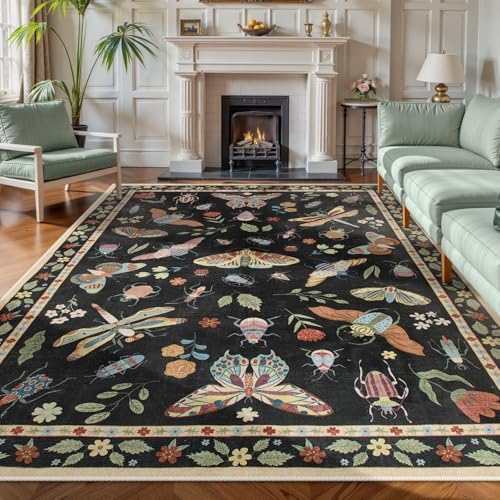 Lahome Insect Area Rugs 8x10, Non Slip Washable Rugs for Living Room 8x10 Rug, Soft Modern Bedroom Rug Under Bed Ultra-Thin Large Carpet for Dining Room Office Playroom, Black