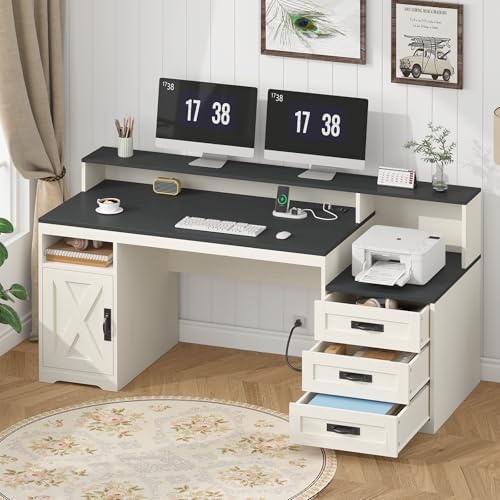 TVU Farmhouse Computer Desk with Drawers, 65'' Home Office Desk with Power Outlets, Storage Cabinet and Printer Stand, Study Writing Desks with Long Monitor Stand, Black and White