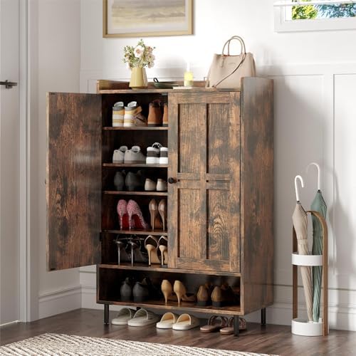 ONBRILL Shoe Storage Cabinet with Cross Molding Doors, 6-Tier Shoe Cabinet with 3 Adjustable Shelves and Metal Legs, 45 Inch Tall Shoes Rack Organizer Cabinet for Entryway, Front Door, Rustic Brown