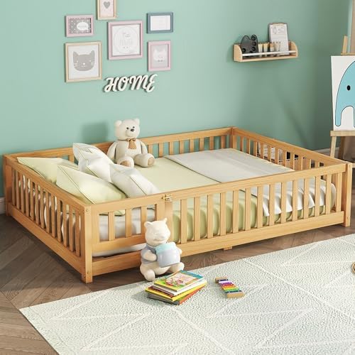 Full Size Floor Bed Frame with Slats and Safety Guardrail, Wood Full Size Montessori Floor Bed with Door and Fence, Easy Assemble Montessori Beds for Kids, Girls, Boys, Natural
