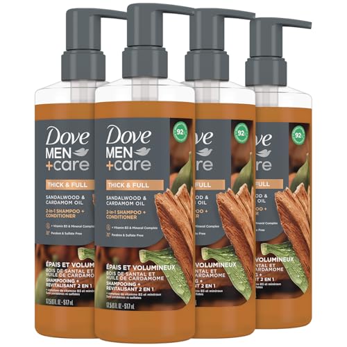 Dove Men+ Care 2-in-1 Shampoo & Conditioner, Sandalwood & Cardamom, Thick & Full – Men’s Shampoo & Conditioner, Sulfate-Free, with Vitamin B3 & Zinc for Strong, Healthy Hair, 17.5 Oz (Pack of 4)