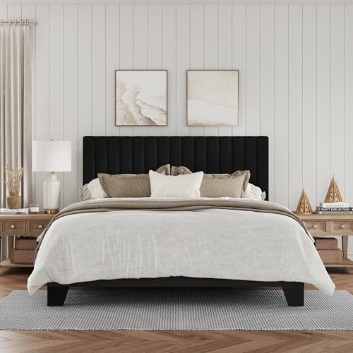 Queen Size Bed Frame, Velvet Upholstered Platform Bed with Adjustable Tufted Headboard, Sturdy Frame and Slats, Noiseless, No Box Spring Required, Easy to Assemble, Black