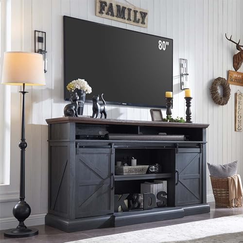 Farmhouse TV Stand for 80 Inch TVs, 37.4"Tall Entertainment Center w/Storage Cabinets and Sliding Barn Door, Media Console Cabinet w/Soundbar & Adjustable Shelves for Living Room, 70 inch (Dark Grey)