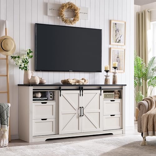 Farmhouse TV Stand for 75+ Inch TV, 32" Tall Entertainment Center w/4 Drawers & Sliding Barn Door, Rustic Media Console w/Storage Shelves, 66" Wood Television Stand for Living Room, Off White