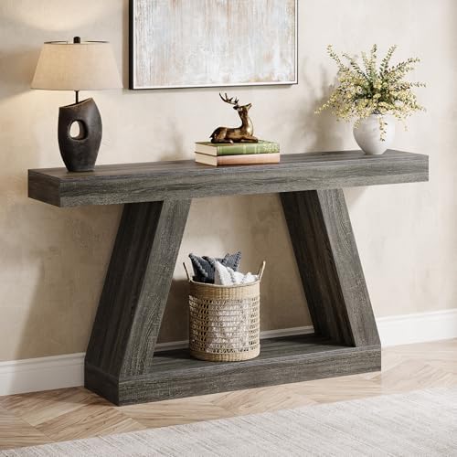 Tribesigns Farmhouse Console Table, 55-Inch Rustic Sofa Table with Storage, Industrial Wooden Entryway Table for Hallway, Living Room, Gray